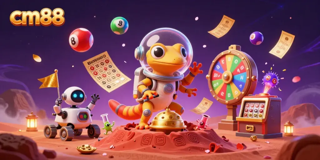 Win exciting rewards at cm88 with a 3D Martian gecko discovering a dazzling casino in an animated adventure.