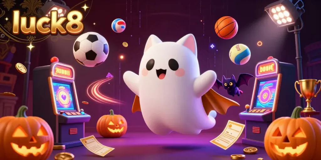 Experience thrill with luck8 in a vibrant haunted casino scene featuring a playful ghost cat and glowing jack-o-lanterns.