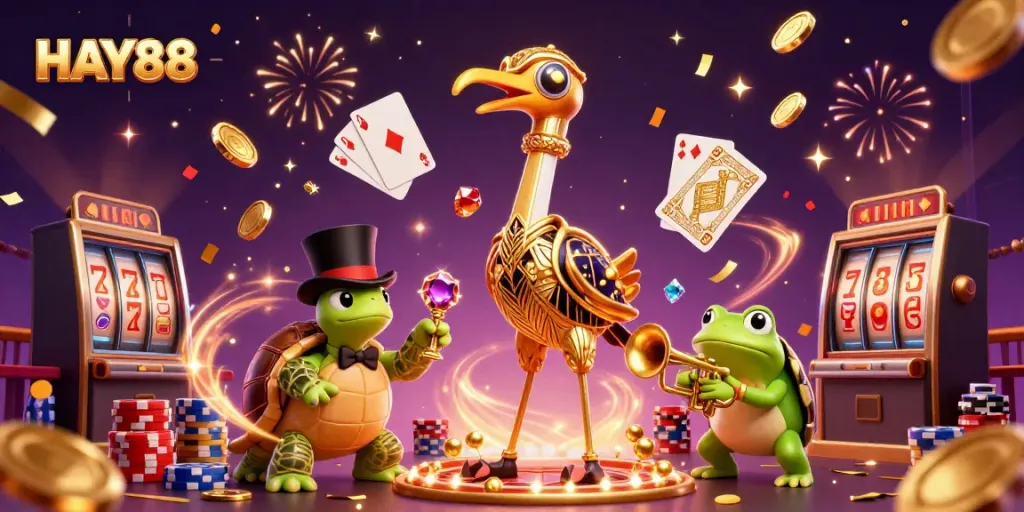 Experience excitement with HAY88 as golden coins cascade around whimsical casino characters.