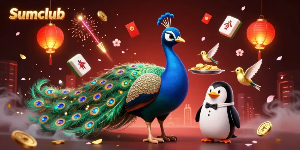 Experience the thrills at Sumclub with a peacock, penguin, and hummingbird in a vibrant casino scene.