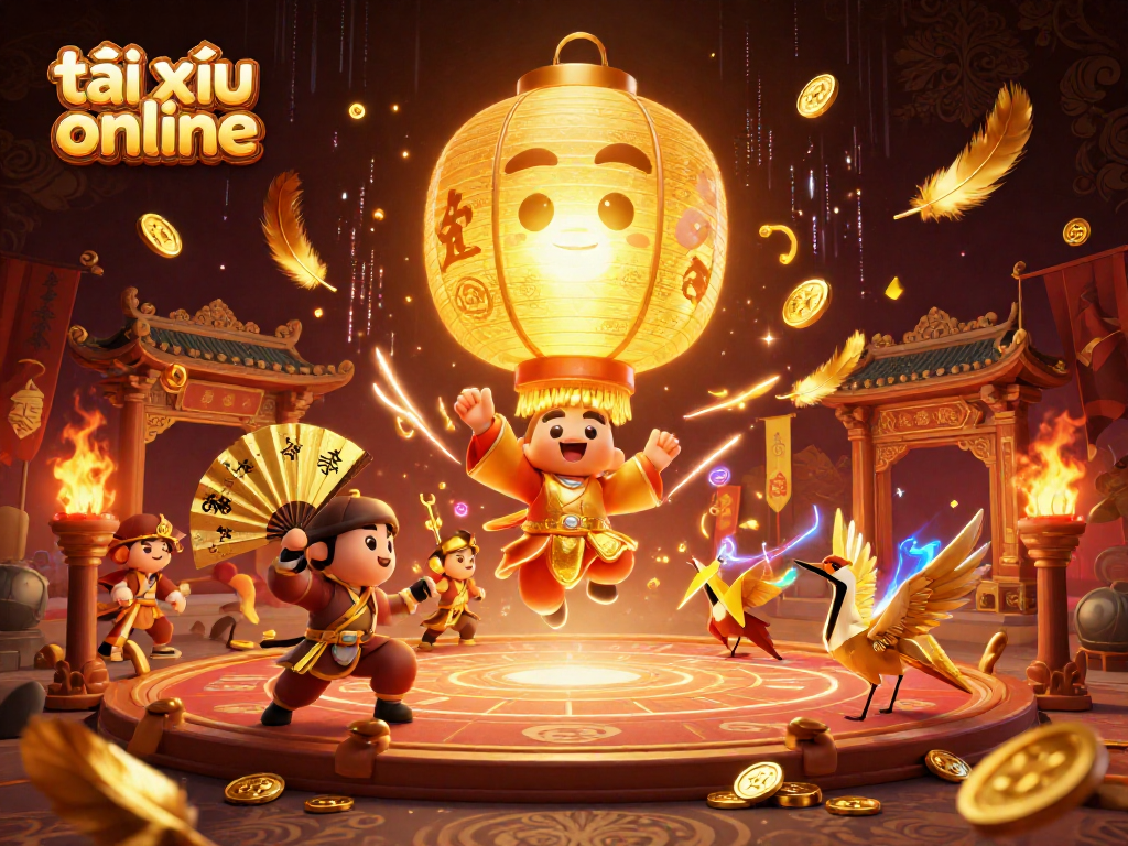 Engage in tài xỉu online with a dynamic scene featuring a golden lantern spirit and warriors amidst an exciting casino atmosphere.
