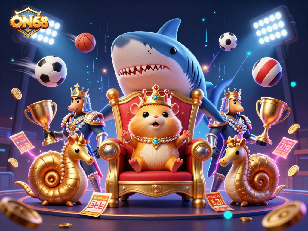 Engage with ON68's thrilling gaming world featuring a golden hamster king and vibrant casino elements.