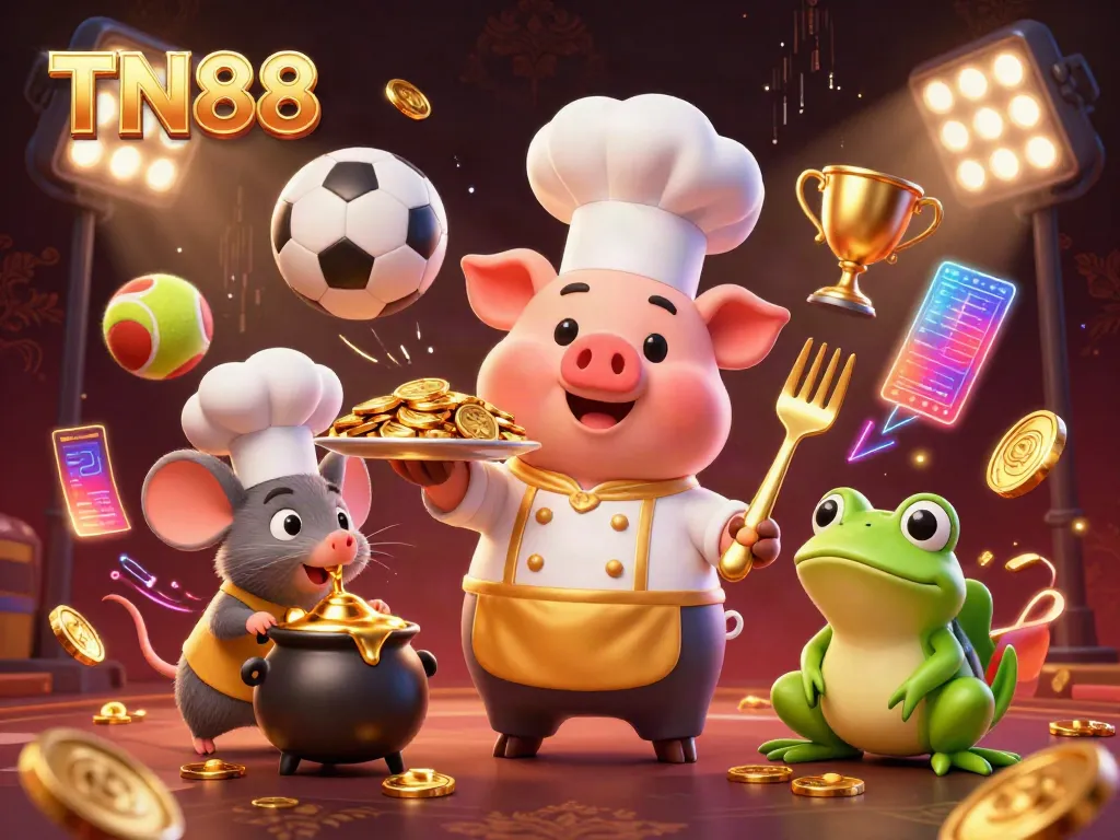 Watch as TN88's chef pig serves gold coins amidst dynamic sports themes in an exciting casino scene.