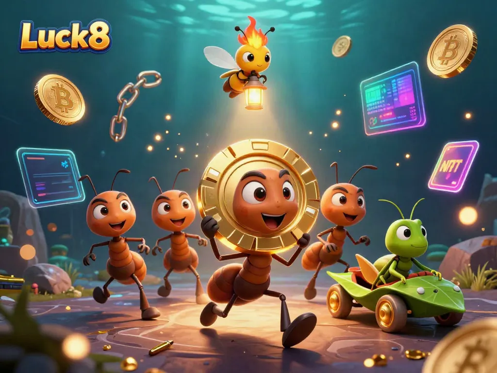 Experience thrilling gaming at Luck8 as ants transport a giant poker chip in a vibrant casino scene.