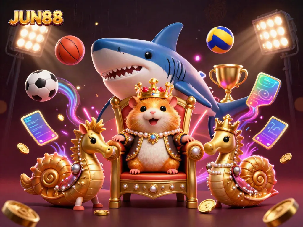 Experience thrilling actions at JUN88, highlighted by an imaginative scene featuring a golden hamster king amidst flying sports elements.