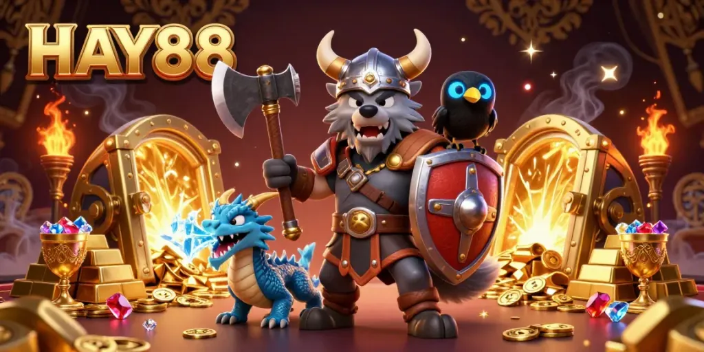 Engage in thrilling adventures with HAY88's Viking warrior, frozen dragon, and treasure in a vibrant casino scene.
