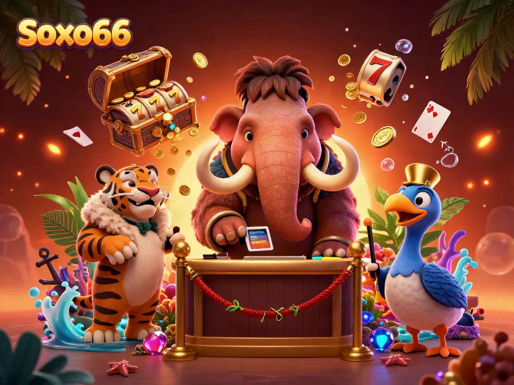 Soxo66 bouncer checks IDs featuring a saber-tooth VIP and dodo doorman in an energetic casino scene.