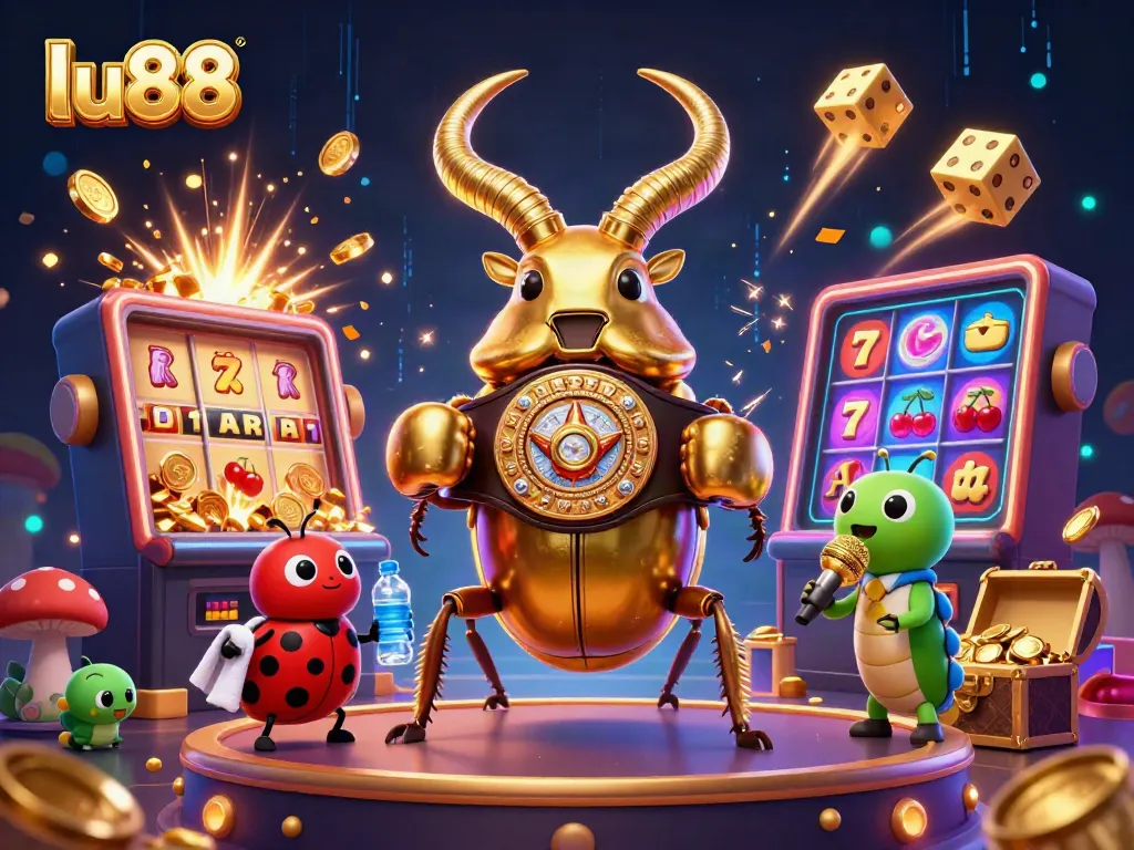 Experience the excitement of lu88 with a giant golden stag beetle alongside casino game elements.