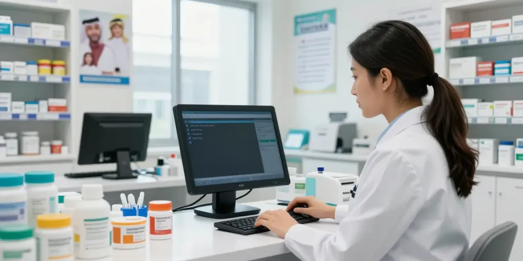 Pharmacist using a digital device for controlled medicines uae lookup in a modern pharmacy.