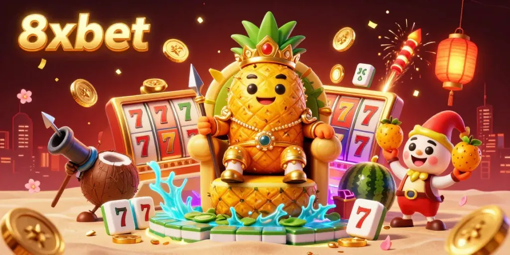 Experience exhilarating gaming with 8xbet's vibrant casino atmosphere featuring a golden pineapple king and lively elements.