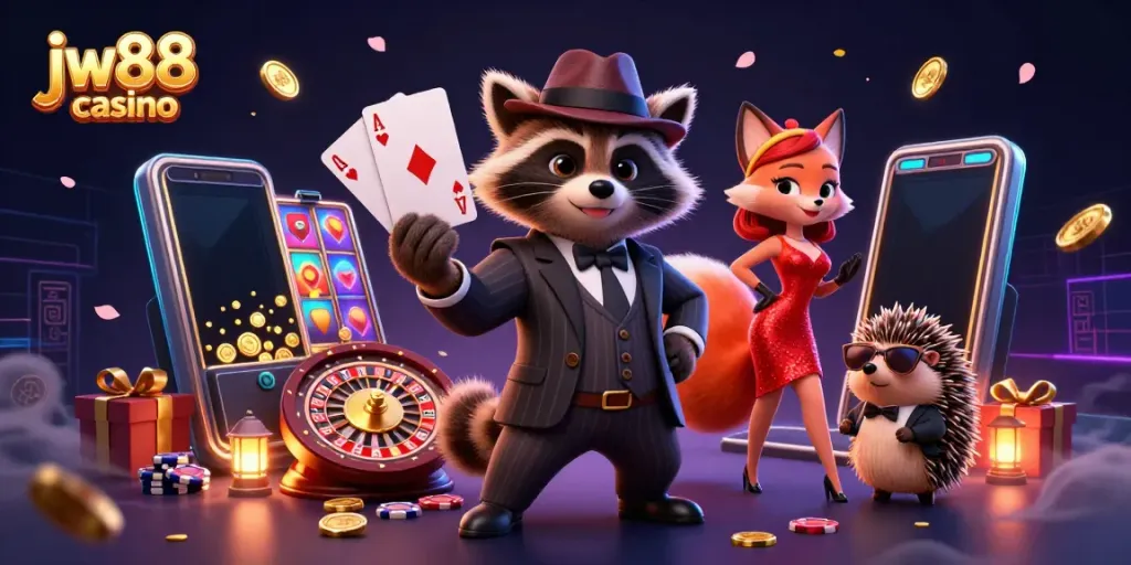 Experience the thrill of jw88 casino with a raccoon holding a royal flush surrounded by vibrant gaming elements.