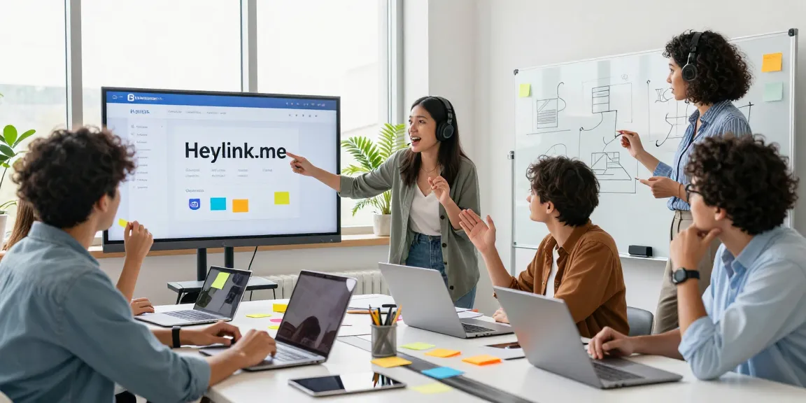 Tim kreatif mendiskusikan GEGESLOT di kantor modern dengan laptop dan papan tulis.
