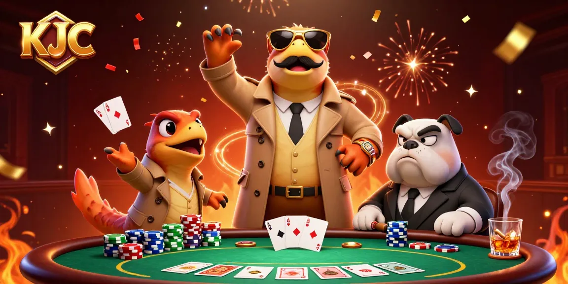KJC raptors cleverly attempting to enter a VIP casino lounge amid colorful poker elements and celebratory confetti.
