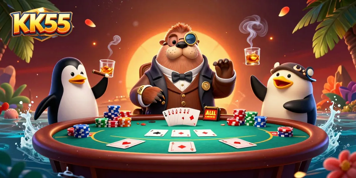 Engage in exciting poker games at KK55 with a jolly walrus and penguin dealer.