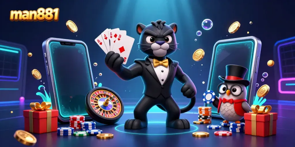 Engage in thrilling casino action with man881 as a stylish black panther deals cards amidst poker chips and a vibrant slot game.
