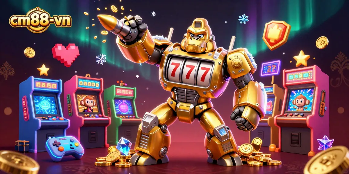 Experience thrilling wins at cm88-vn with a dynamic 3D casino gaming scene showcasing a golden gorilla mech and vibrant arcade elements.