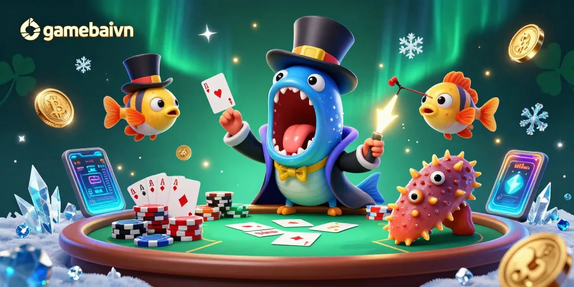 Experience poker thrills with gamebaivn’s vibrant 3D illustration featuring magical sea creatures and immersive gaming elements.