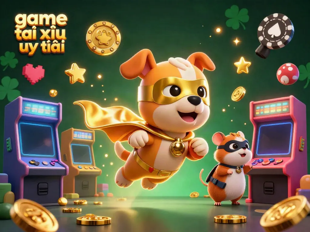 Experience the game tài xỉu uy tín with a dynamic 3D scene featuring a superhero dog and hamster amidst casino elements.