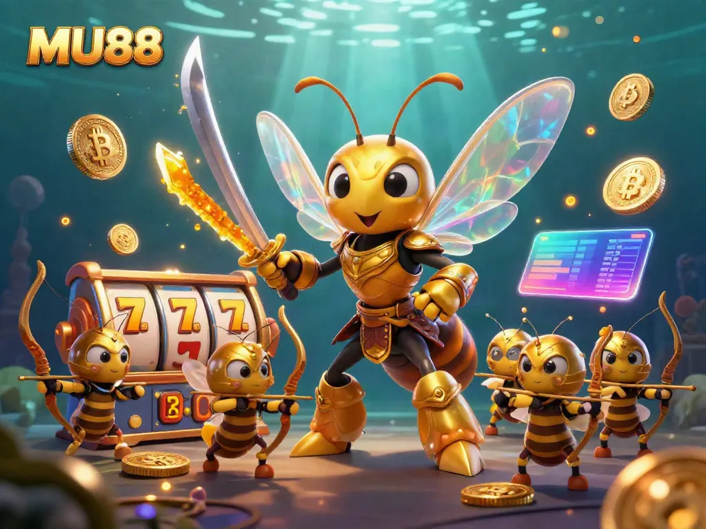 Spin the slots at MU88 with a dynamic illustration featuring golden hornet warriors and crypto coins.