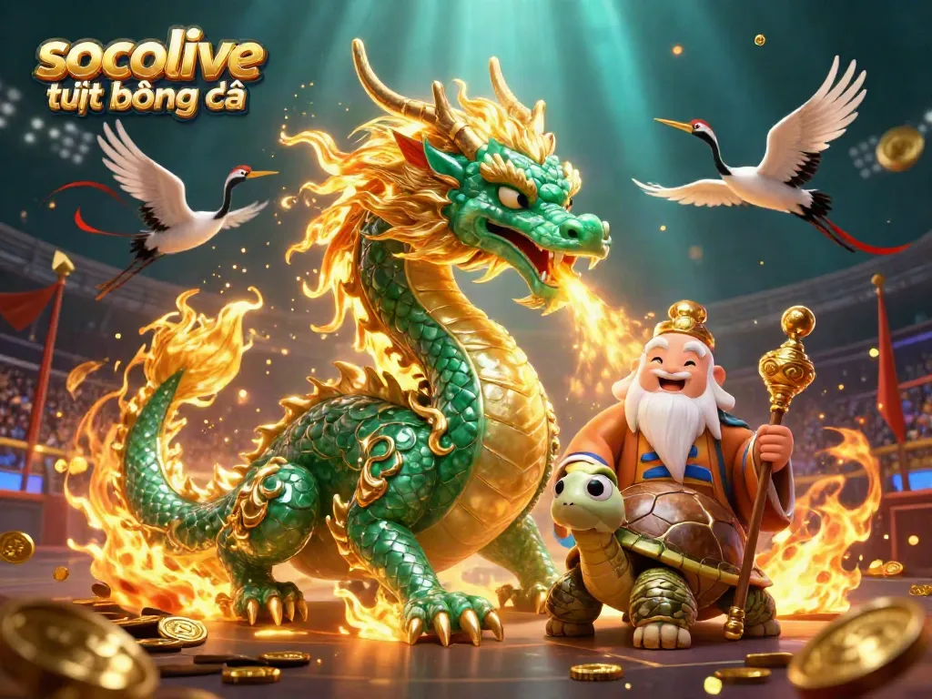 Socolive trực tiếp bóng đá showcases a powerful jade dragon with a turtle sage, set in a vibrant sports stadium with betting tokens.