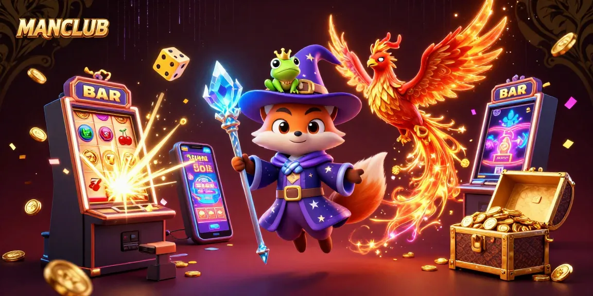 Engage in thrilling moments at MANCLUB with a vibrant casino scene featuring jackpot explosions and dynamic characters.