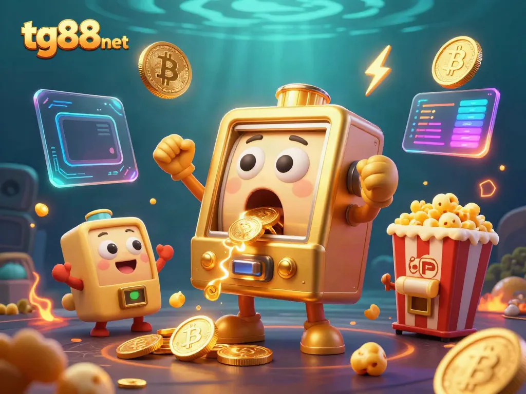 Experience the excitement at tg88 net with a vibrant illustration of a golden slot machine celebrating its jackpot in a dynamic casino scene.