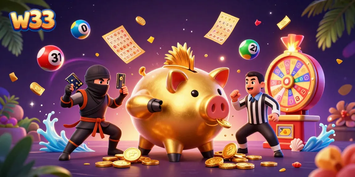 Join the excitement of w33 with a lively 3D casino scene featuring colorful games and characters.