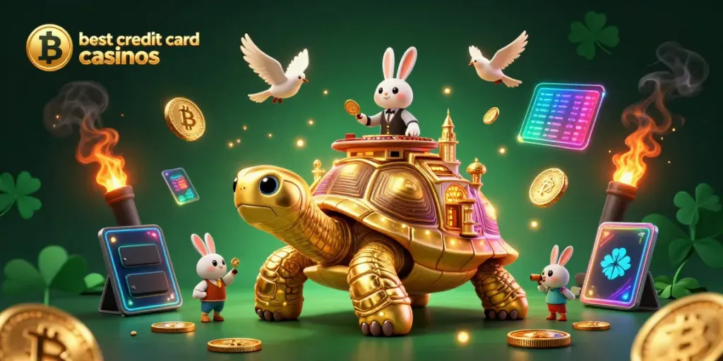 Experience the best credit card casinos in this vibrant 3D illustration of a golden tortoise casino.