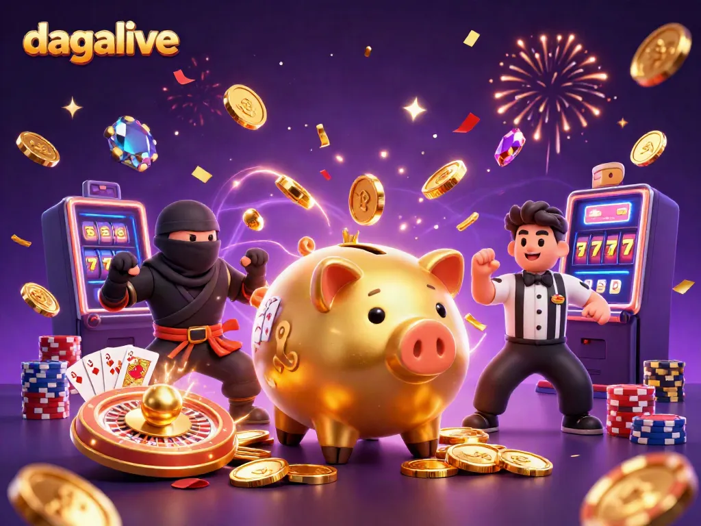 Experience vibrant action at dagalive with a dynamic 3D casino scene featuring golden coins and energetic characters.
