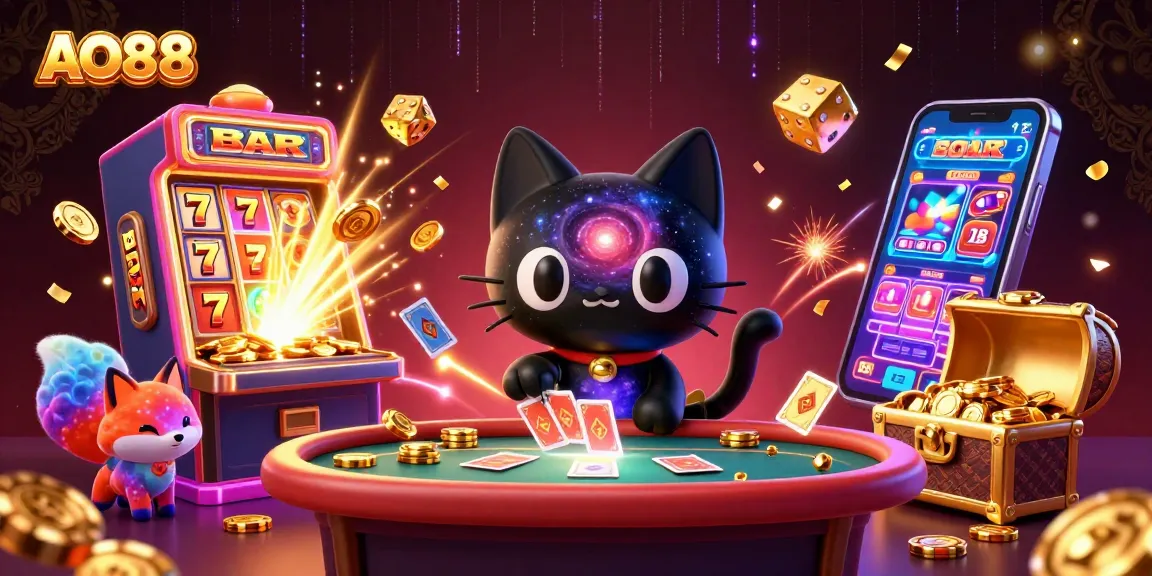 Engage in immersive gameplay at AO88 with a cosmic cat and fox amidst a vibrant casino scene.