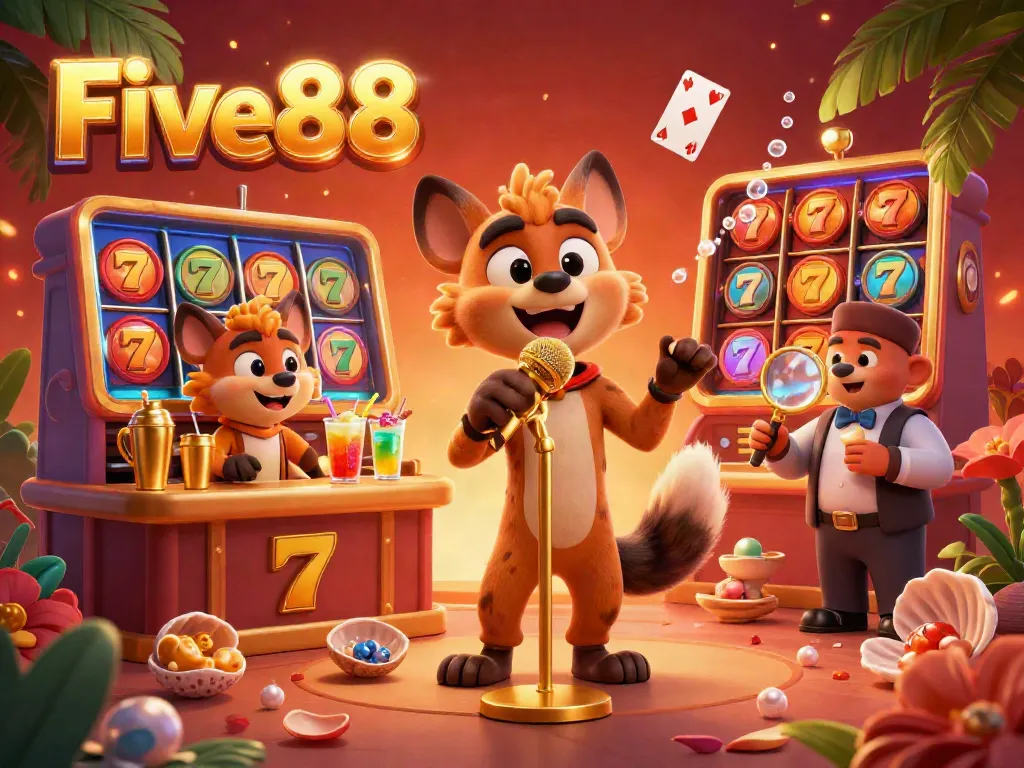 Experience the excitement at Five88 casino with lively hyena characters and vibrant gaming elements.