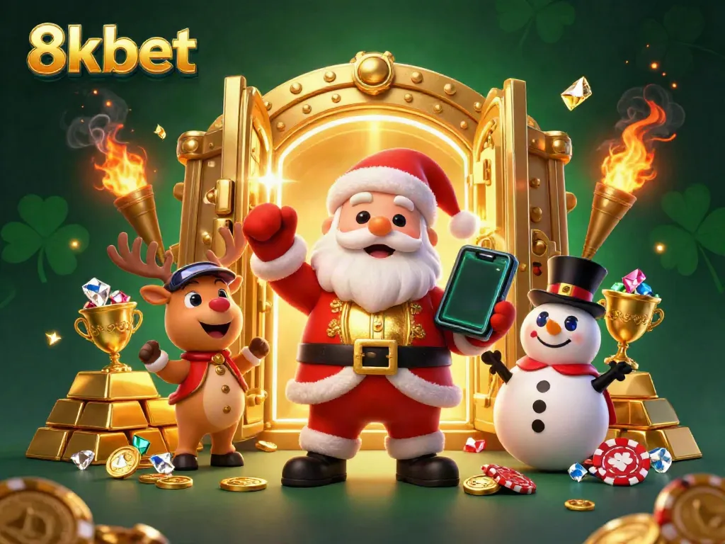 Experience the thrill of winning with 8xbet's festive casino scene featuring Santa and friends.