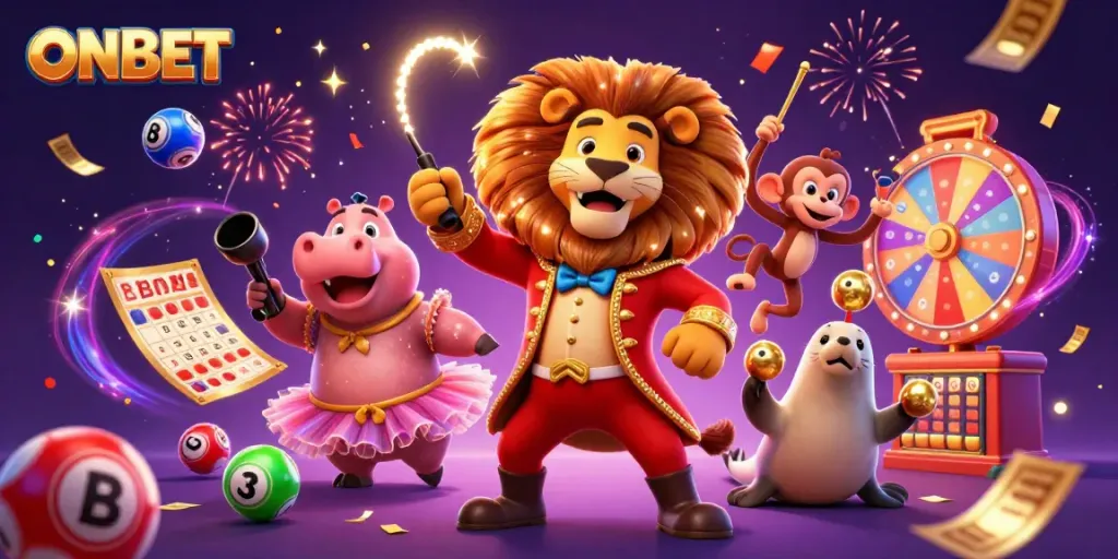 Engage with ONBET's exciting lottery scene featuring vibrant characters and dynamic game elements.
