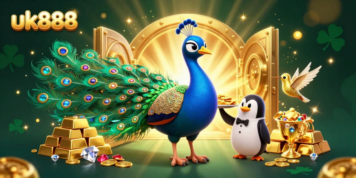 Engage with uk888's dynamic casino illustration showcasing vibrant characters and gold-filled excitement.