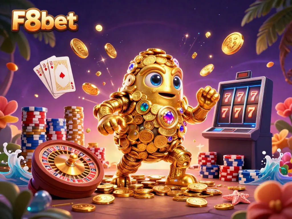 Win big with F8bet in a vibrant casino scene featuring golden golem and casino symbols.