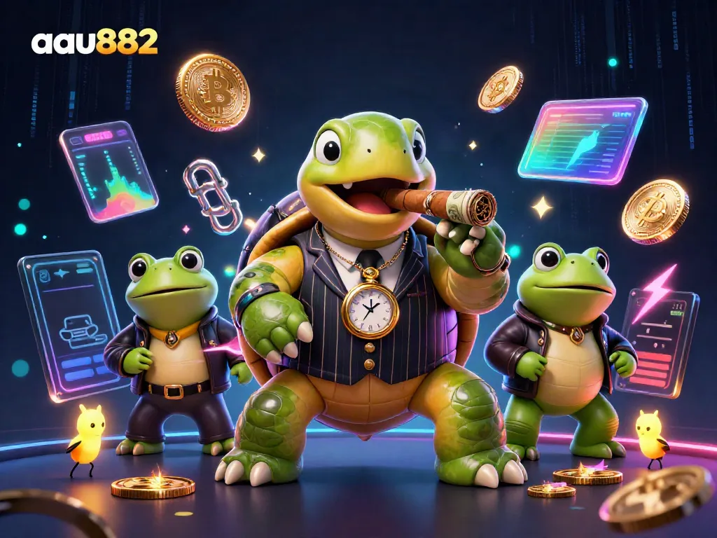 Join a thrilling gamble at aau882 with a cartoon turtle in a gangster suit and glowing crypto elements.