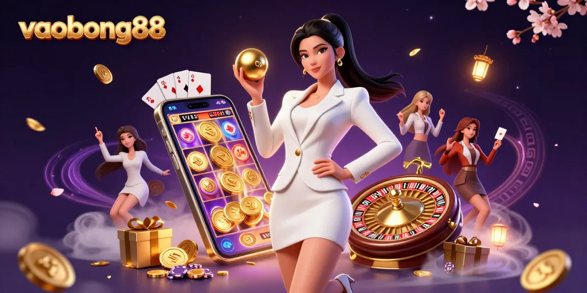 Experience vaobong88 with a stunning illustration capturing elegant casino action and vibrant games.