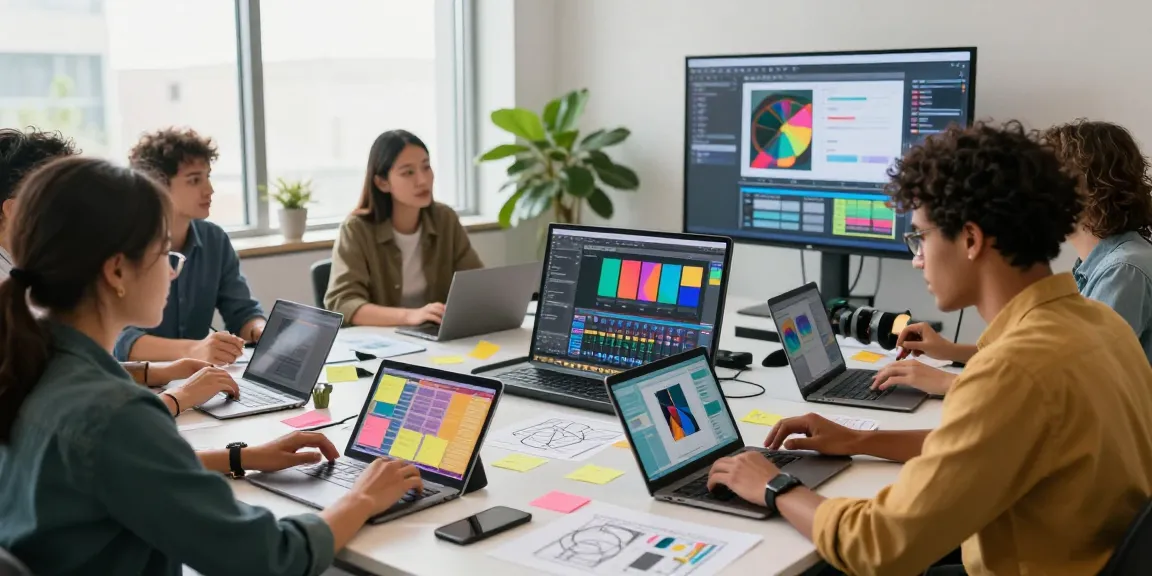 Team collaborating on a digital mix board in a modern workspace for creative ideation.
