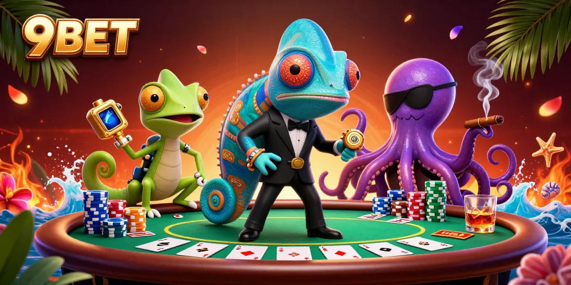 Engage in thrilling poker action at 9BET with a vibrant scene of colorful chips and characters.