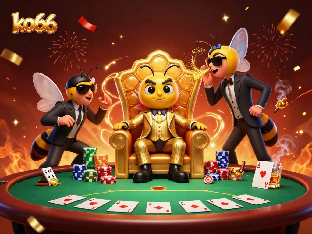 Experience thrilling gaming action at ko66 with an enchanting casino scene featuring a bee mob boss and vibrant poker elements.