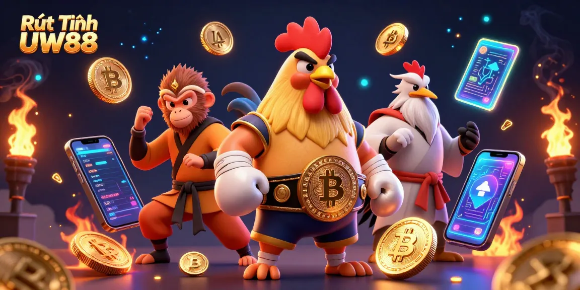 Engage with Rút Tiền UW88 in this vibrant 3D digital illustration showcasing a Muay Thai rooster, Shaolin monkey, and crane master.