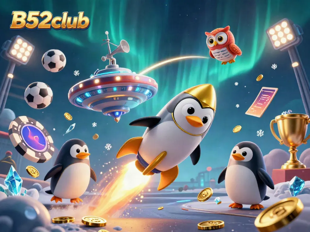 Experience thrilling wins at B52club with a golden penguin racing towards a casino space station.