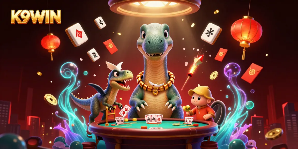 K9WIN transforms gaming with a lively illusion of a brontosaurus dealing poker amidst vivid casino elements.