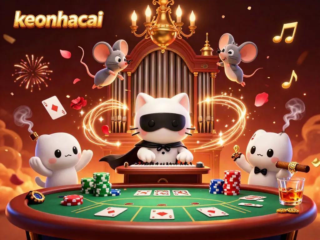 Experience the excitement of keonhacai with a vibrant casino scene featuring a dynamic phantom cat and mouse acrobat.