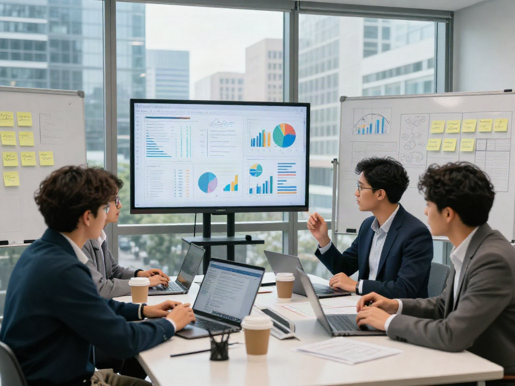 Team of professionals collaborating on depo 10k analysis in a modern office setting, showcasing dynamic teamwork and data-driven discussions.