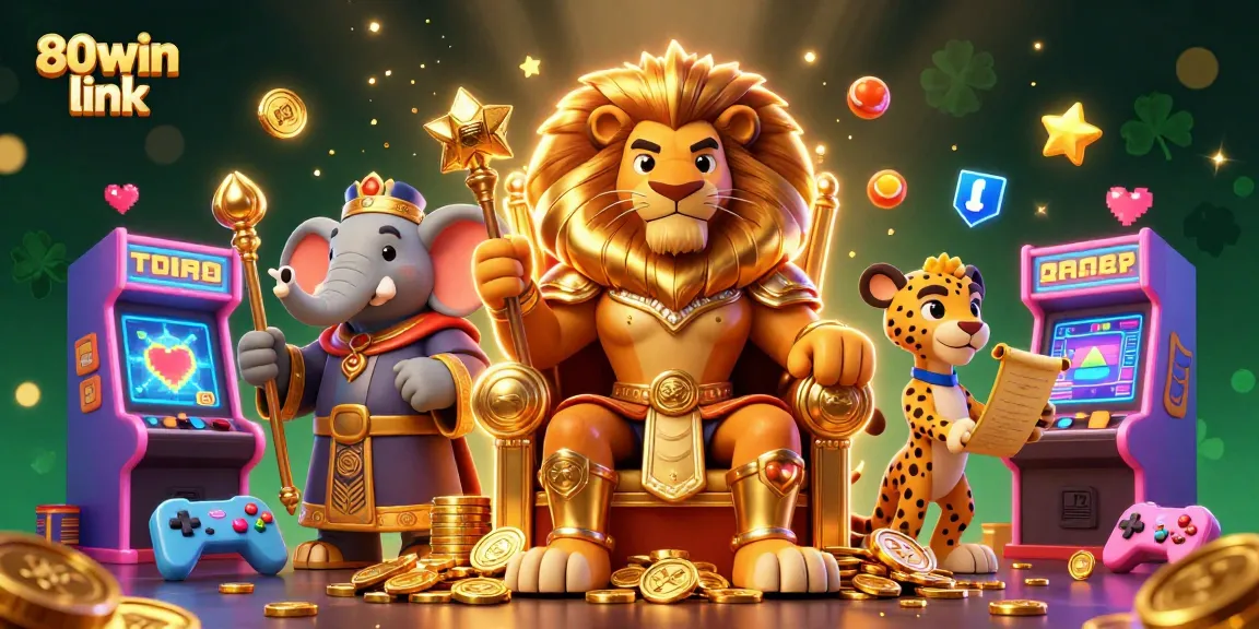 Experience thrilling moments with 80win link in this colorful 3D casino illustration showcasing vibrant games and characters.