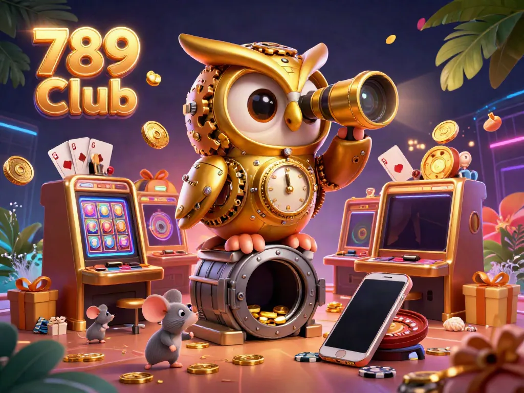 Experience the thrill of 789 Club with a vibrant casino scene featuring a golden owl and tiny patrons exploring slot machines.