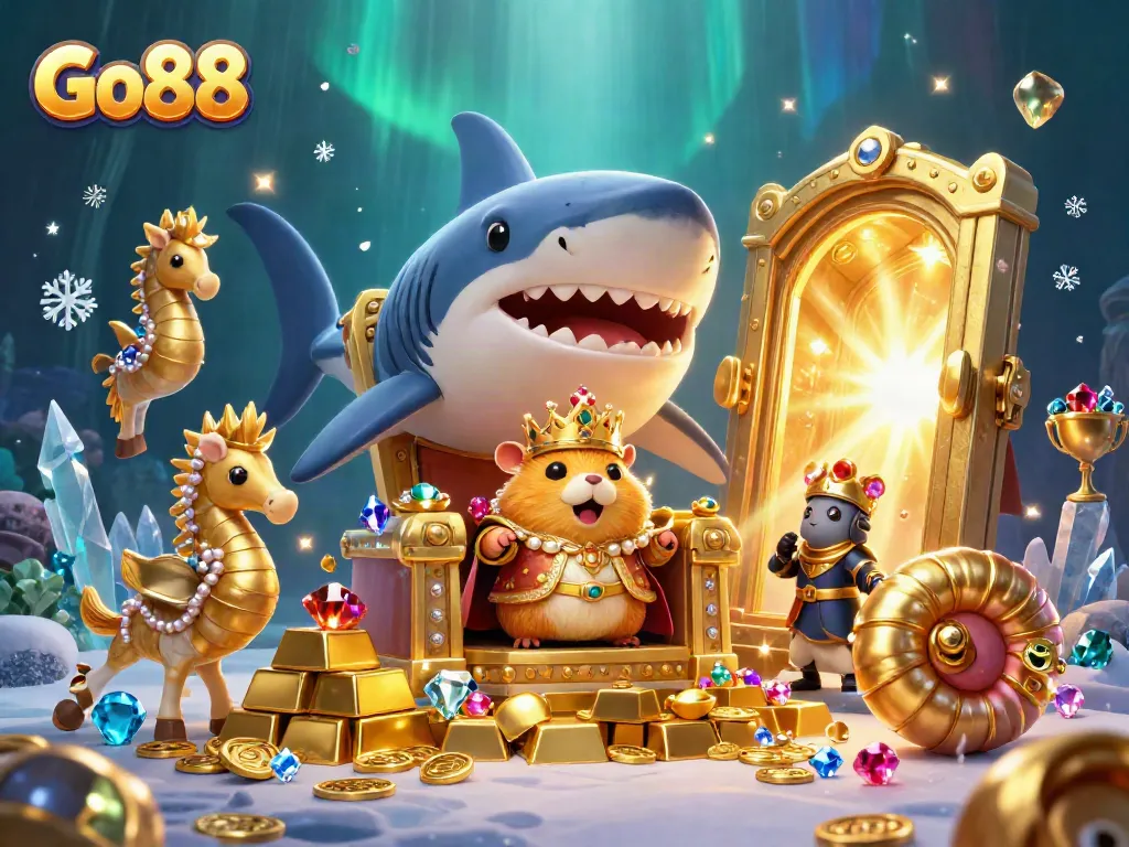 Experience the thrilling world of Go88 with vibrant treasure elements and a royal hamster king in action.