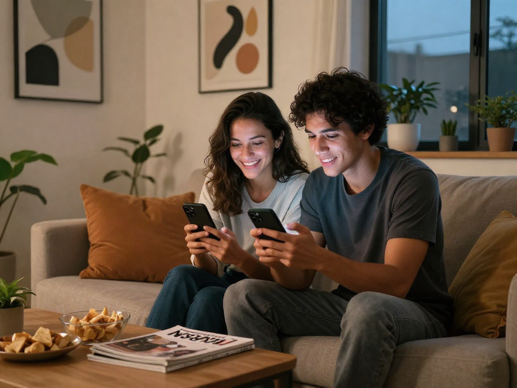 Engaging couple exploring an NSFW AI platform in a cozy urban apartment.