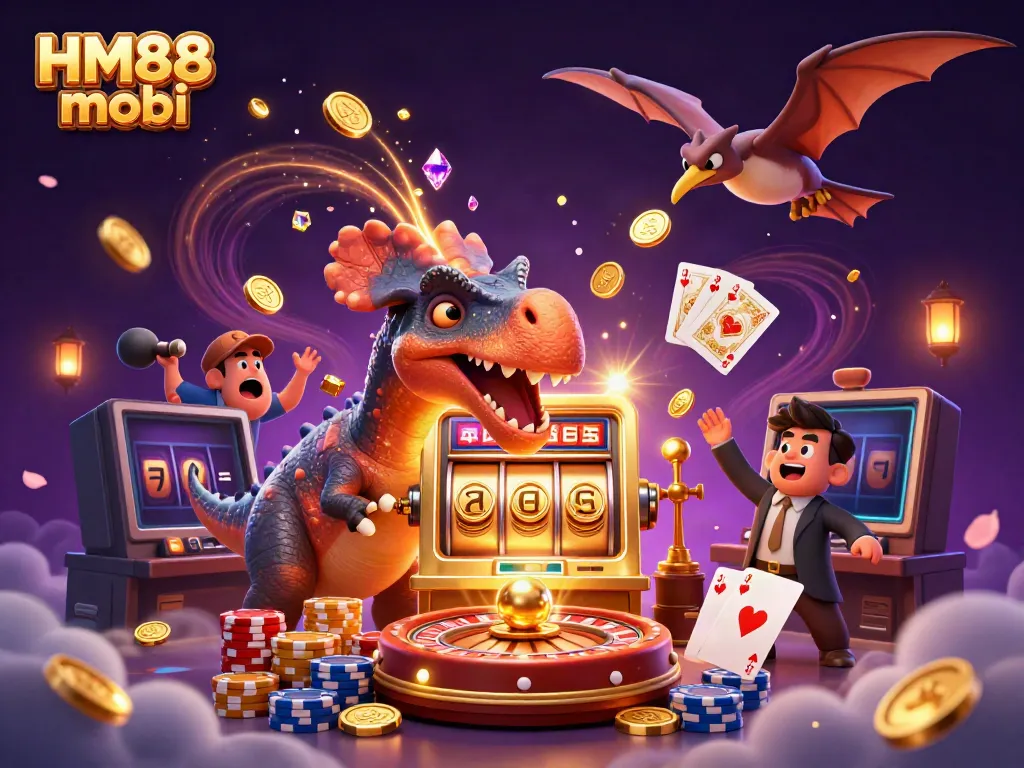 Experience thrills with HM88 mobi as a dino plays slots and wins, amidst golden coins and casino chaos.